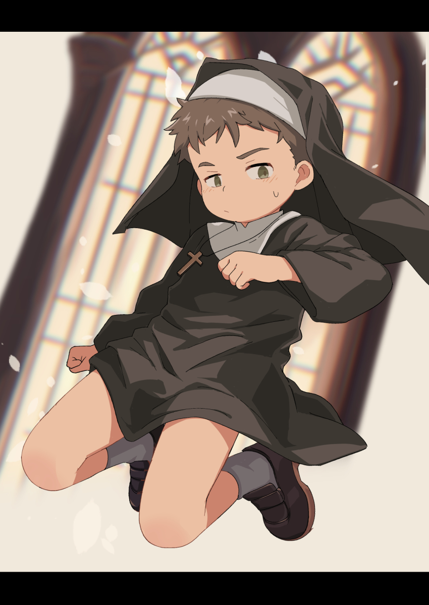 1boy, acnhiti, black_footwear, brown_hair, church, closed_mouth, cross, crossdressing
