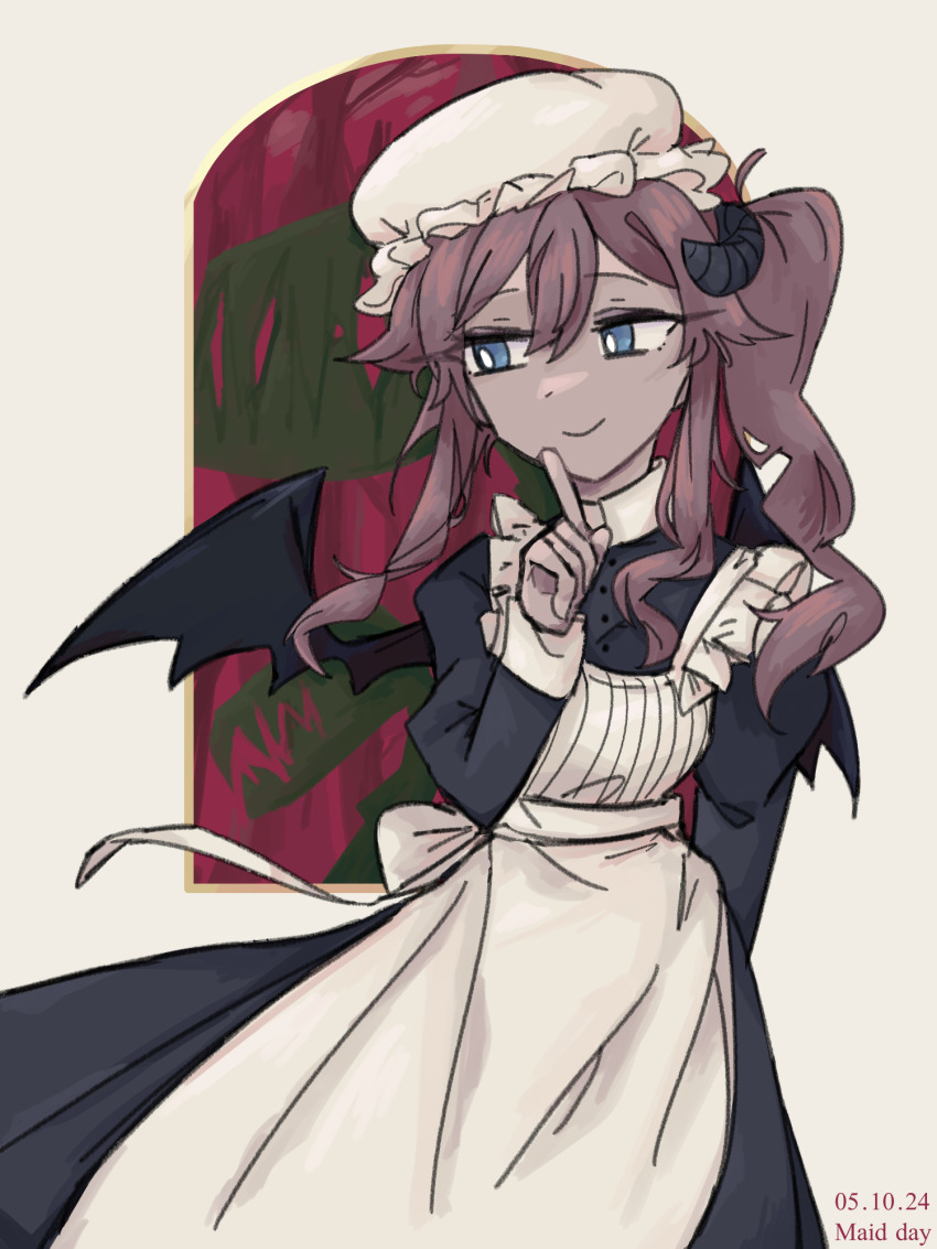 1girl, 2024, apron, black_dress, blue_eyes, bright_pupils, brown_hair, collection_villa