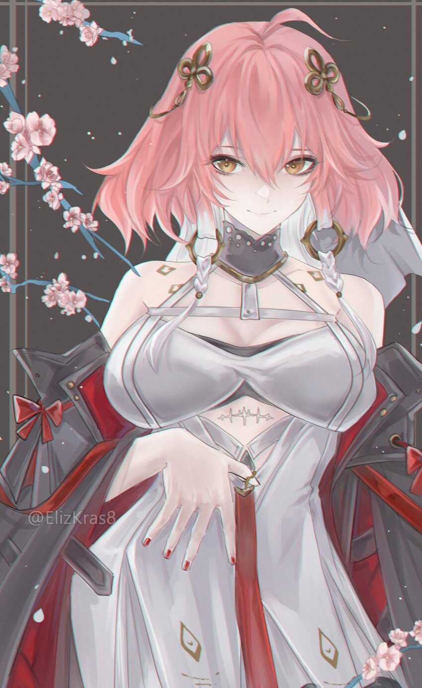 1girl, :>, ahoge, bare_shoulders, black_collar, black_jacket, body_markings, braid