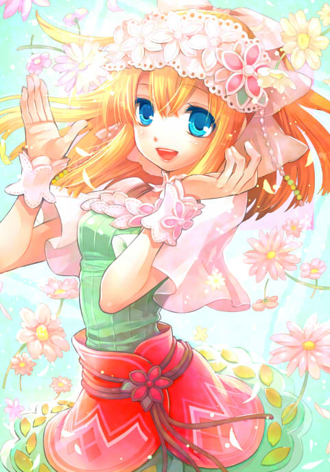 1girl, blue_eyes, daisy_(flower), female_focus, flower, hat, hat_flower, headdress