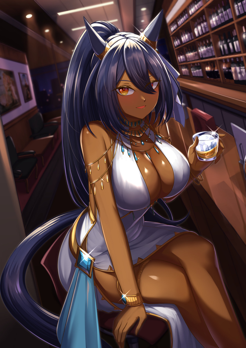1girl, absurdres, animal_ears, bar_(place), bar_stool, bare_shoulders, blue_gem, blue_hair