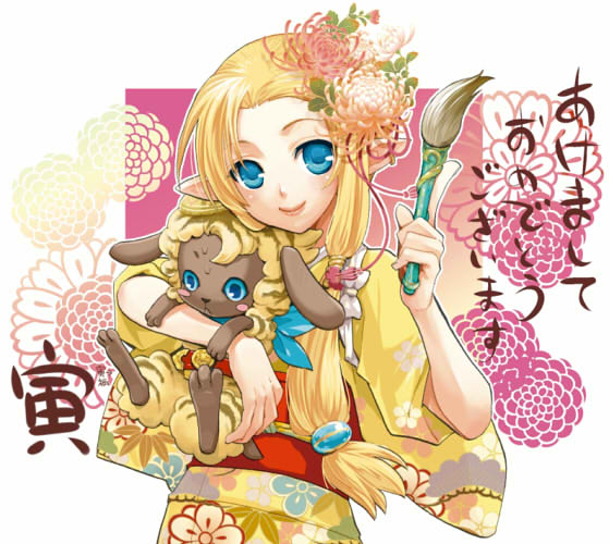 1girl, akeome, blonde_hair, blue_eyes, calligraphy_brush, chrysanthemum, dahlia_(rune_factory), flower, hair_flower, hair_ornament, happy_new_year, japanese_clothes, kawazoe_mariko, kimono, long_hair, mice_(rune_factory), new_year, paintbrush, pointy_ears, rune_factory, rune_factory_3, sheep, sphere_hair_ornament, translation_request, wooly