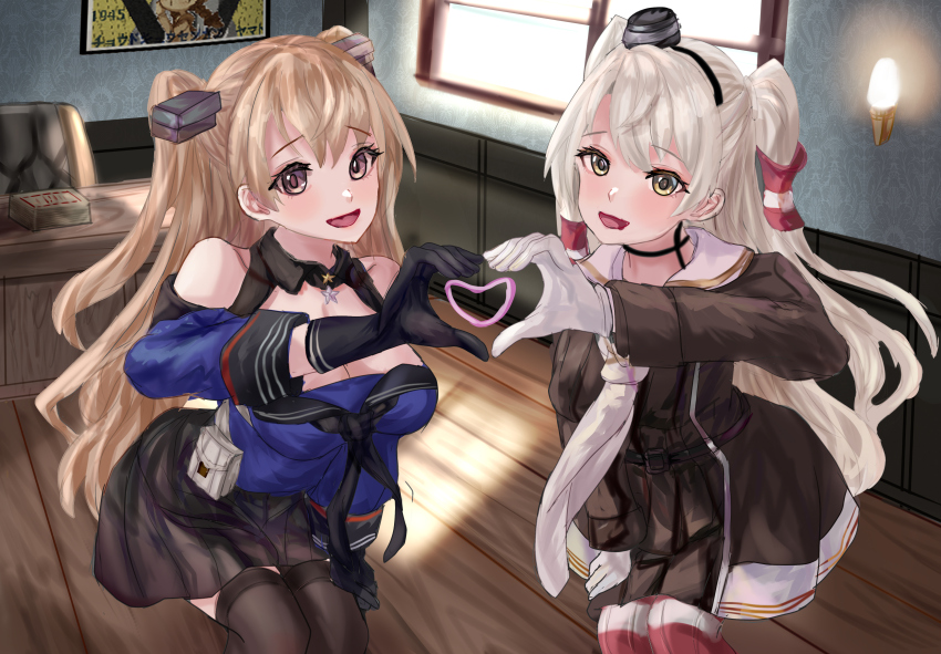 2girls, absurdres, amatsukaze_(kancolle), amatsukaze_kai_ni_(kancolle), black_gloves, black_skirt, black_thighhighs, blue_shirt