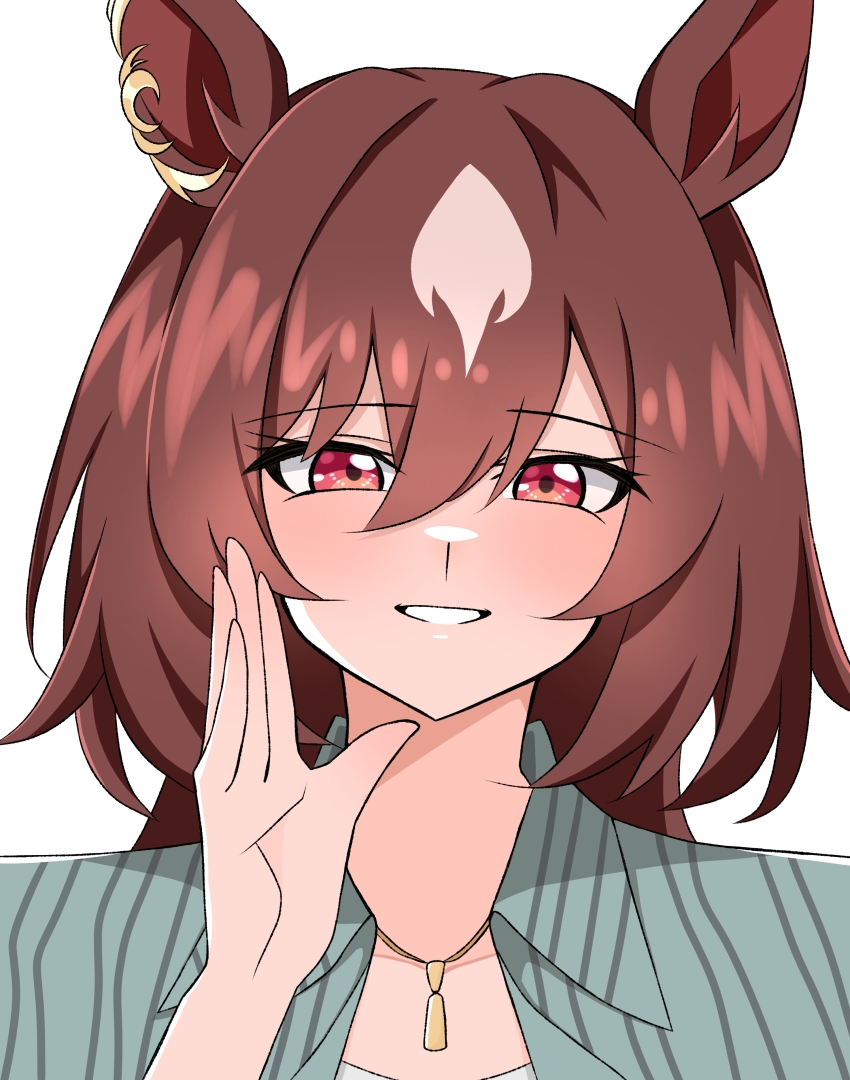 1girl, absurdres, animal_ears, blue_shirt, blush, brown_hair, collared_shirt, commentary_request