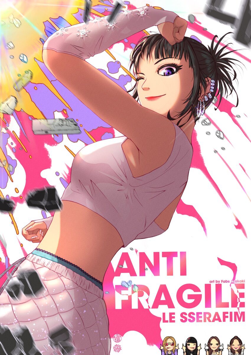 5girls, absurdres, animification, antifragile_(le_sserafim), black_hair, clenched_hand, commentary, cropped_shirt, earrings, english_commentary, fabs_arakaki, fingerless_gloves, flexing, glint, gloves, hair_behind_ear, highres, hong_eunchae, hoop_earrings, huh_yunjin, jewelry, k-pop, kim_chaewon, le_sserafim, looking_down, making-of_available, miyawaki_sakura, multiple_girls, nakamura_kazuha, one_eye_closed, purple_eyes, real_life, shirt, shorts, sleeveless, sleeveless_shirt, smile, solo_focus, song_name, white_shirt, white_shorts
