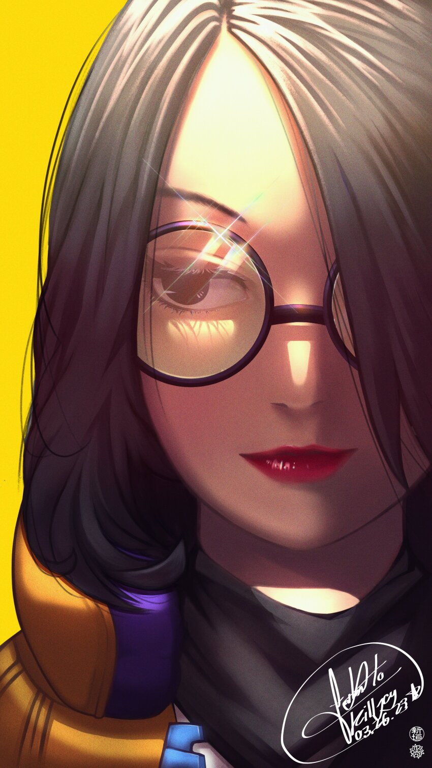 1girl, absurdres, animification, black_eyes, black_hair, black_shirt, fabs_arakaki, glint, hair_over_one_eye, highres, jacket, killjoy_(valorant), looking_to_the_side, one_eye_covered, orange_jacket, portrait, portuguese_commentary, red_lips, shirt, simple_background, smile, solo, valorant, yellow_background