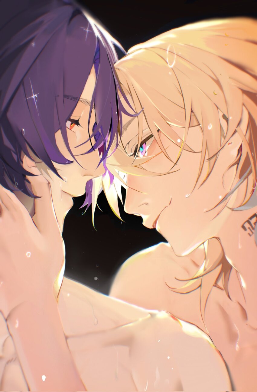 2boys, adam's_apple, aventurine_(honkai:_star_rail), blonde_hair, collarbone, completely_nude, dr._ratio_(honkai:_star_rail), eye_contact