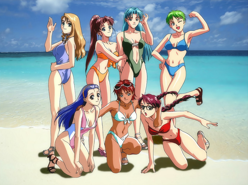 1990s_(style), 6+girls, arm_around_neck, arm_hug, arm_on_another's_shoulder, arm_up, asami_junko, beach, bikini, black-framed_eyewear, black_eyes, blonde_hair, blue_bikini, blue_eyes, blue_hair, blue_one-piece_swimsuit, braid, casual_one-piece_swimsuit, character_name, dark-skinned_female, dark_skin, day, eyewear_on_head, green_hair, grey_hair, hairband, hand_on_own_hip, hands_on_own_knees, high_ponytail, honjou_arisa, kneeling, light_blue_hair, long_hair, multiple_girls, nakai_mami, navel, non-web_source, official_art, one-piece_swimsuit, one_eye_closed, open_mouth, outdoors, ponytail, rectangular_eyewear, red_bikini, red_hair, retro_artstyle, sakai_yuki_(zenkoku_seifuku_bishoujo_grand_prix), sandals, sasamoto_narumi, short_hair, smile, squatting, standing, strapless, strapless_bikini, swimsuit, twin_braids, very_short_hair, water, waving, white_bikini, yamada_masaki, yasukawa_reina, yoshino_tomomi_(seigra), zenkoku_seifuku_bishoujo_grand_prix
