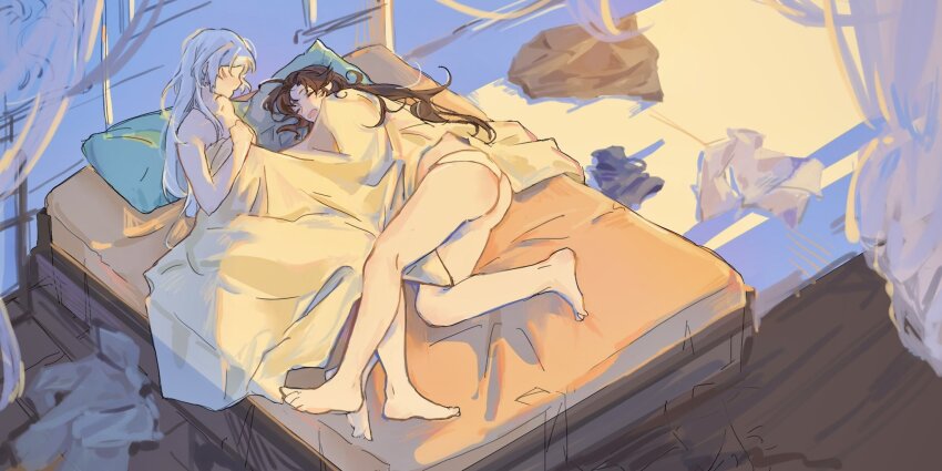 2girls, bare_legs, barefoot, brown_hair, chinese_commentary, closed_eyes, commentary, curtains, du_ruo_(path_to_nowhere), highres, indoors, multiple_girls, nude, on_bed, open_mouth, panties, path_to_nowhere, pillow, sleeping, tooong4, under_covers, underwear, unworn_clothes, white_hair, white_panties, yao_(path_to_nowhere), yuri