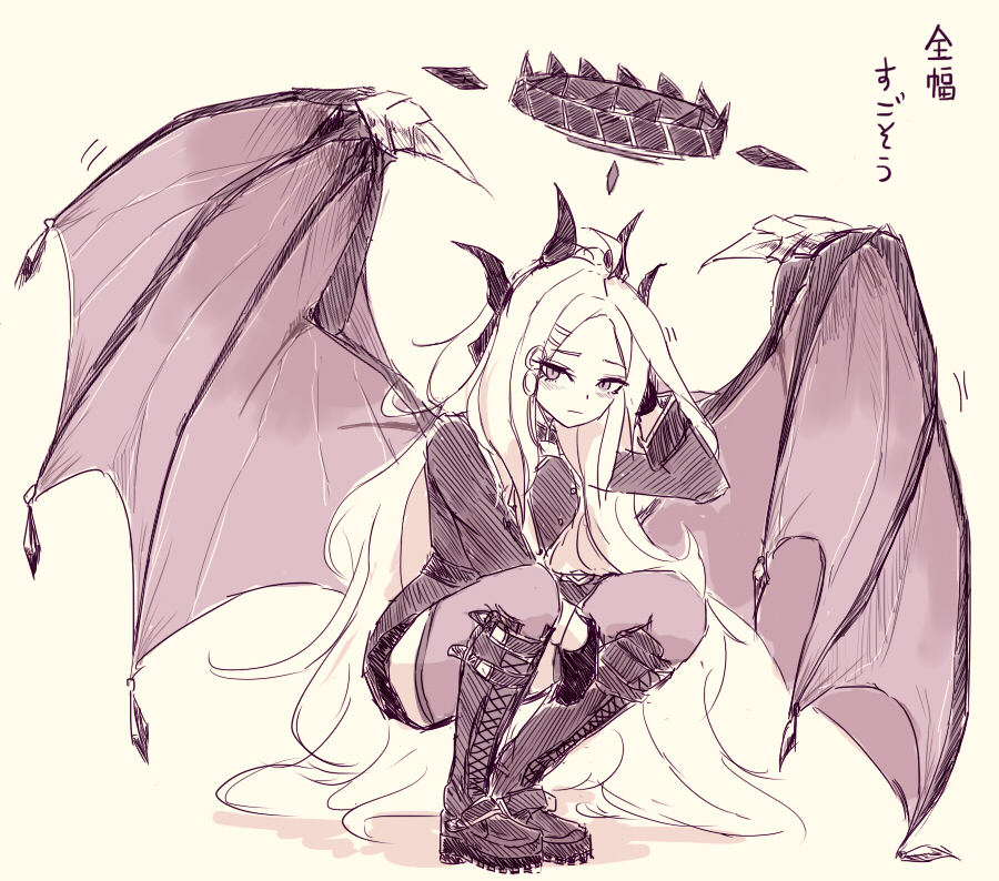 1girl, bat_wings, black_gloves, black_wings, blue_archive, boots, demon_horns, fantomyu, gloves, hair_ornament, hairclip, halo, hina_(blue_archive), horns, long_hair, monochrome, squatting, thighhighs, very_long_hair, wings