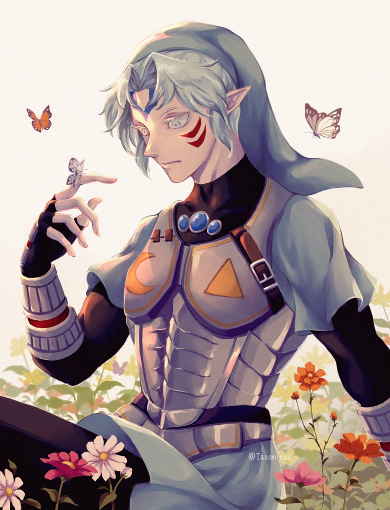 1boy, alternate_earwear, armor, blue_gem, bug, butterfly, dark_persona, fierce_deity