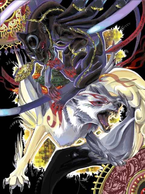 amaterasu_(ookami), animal, animalization, bad_id, bad_pixiv_id, bayonetta, bayonetta_(series), bayonetta_1, black_eyes, claws, creator_connection, crossover, jewelry, makodonburi, no_humans, ookami_(game), panther, pendant, red_eyes, sharp_teeth, teeth, wolf