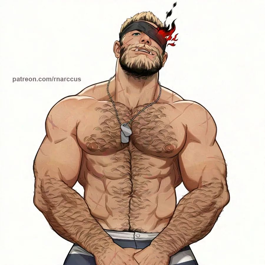1boy, abs, arm_hair, balor_(housamo), bara, beard, black_hair, blonde_hair