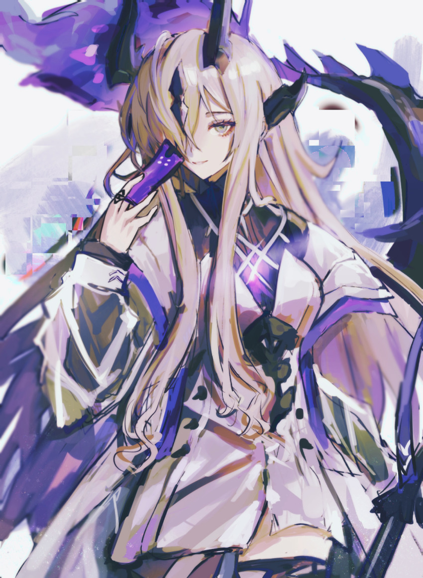 1girl, anpoai, arknights, armband, black_horns, black_shirt, black_thighhighs, blonde_hair