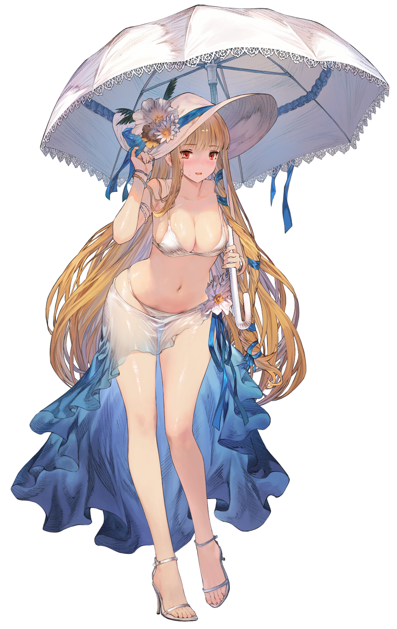 1girl, angelica_(brown_dust), angelica_(pool_party)_(brown_dust), armpit_crease, artist_request, bikini, blonde_hair, blush, bracelet, breasts, brown_dust_(series), brown_dust_2, eyebrows_hidden_by_hair, flower, full_body, hand_on_headwear, hat, hat_flower, high_heel_sandals, high_heels, highres, holding, holding_umbrella, jewelry, large_breasts, large_hat, leaning_forward, long_hair, looking_at_viewer, navel, official_art, open_mouth, red_eyes, sandals, sarong, second-party_source, simple_background, skindentation, solo, standing, standing_on_one_leg, stiletto_heels, stomach, sun_hat, swimsuit, toes, transparent_background, umbrella, very_long_hair, white_bikini, white_hat, white_sandals, white_sarong