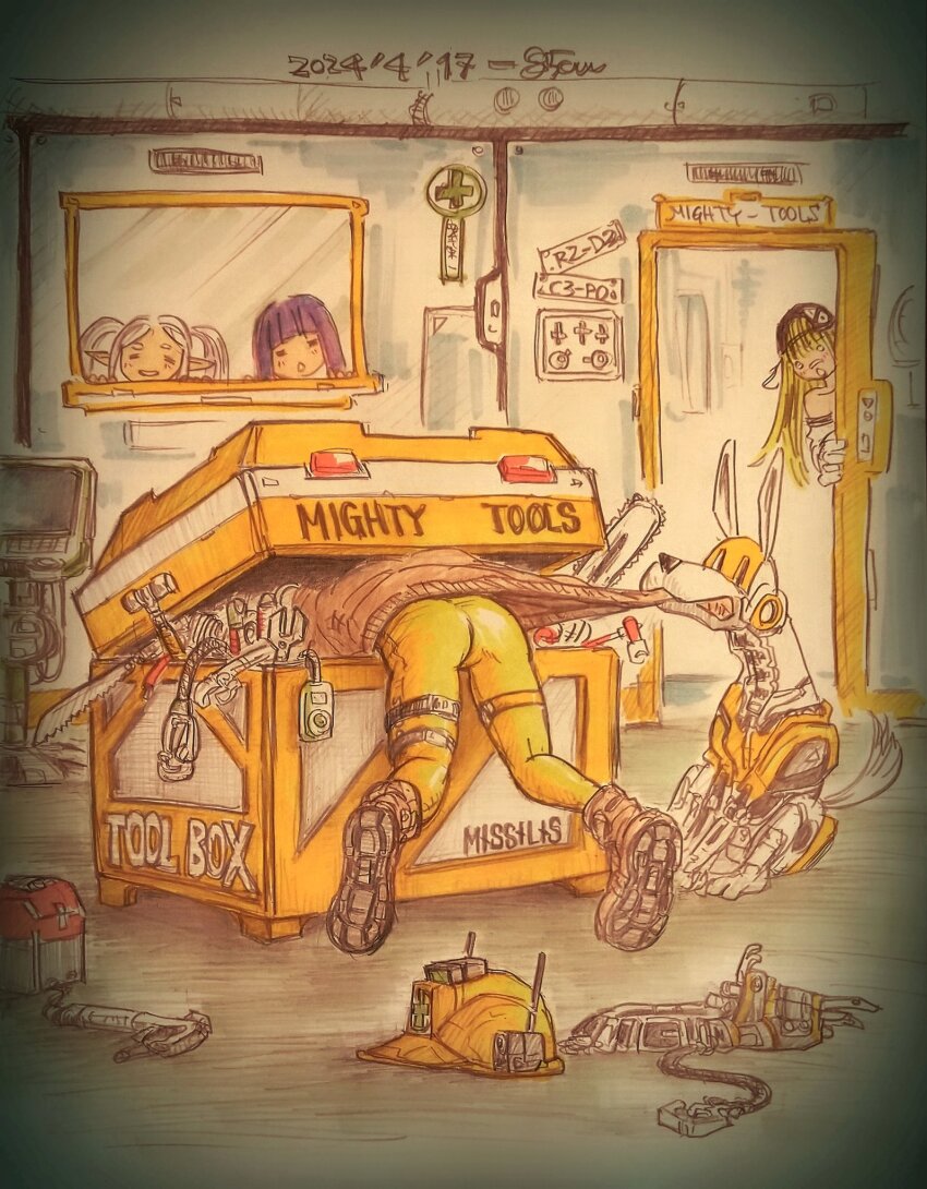 85cm85cm, ass, backwards_hat, bandaid, bandaid_on_face, bandaid_on_nose, baseball_cap, blonde_hair, blue_eyes, blunt_bangs, bodysuit, box, brown_jacket, centi_(nikke), centi_(supreme_holiday)_(nikke), fern_(sousou_no_frieren), frieren, frieren_stuck_in_a_mimic_(meme), goddess_of_victory:_nikke, grey_hair, hard_hat, hat, helmet, highres, jacket, liter_(nikke), mimic, non-humanoid_robot, pointy_ears, purple_hair, robot, robot_animal, robot_dog, shirt, sousou_no_frieren, twintails, volt_(nikke), white_shirt, yellow_bodysuit