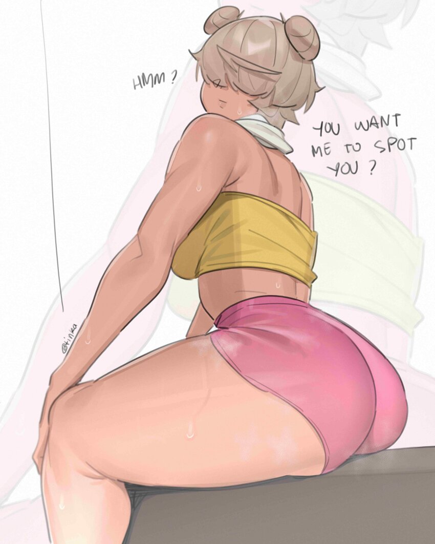 1girl, absurdres, ass, dark-skinned_female, dark_skin, double_bun, english_text, hair_bun, hair_over_eyes, highres, light_brown_hair, original, short_hair, short_shorts, shorts, simple_background, steam, steaming_body, strapless, tinka_(tttinkaaaaa), tinka_(unluckytobii), tttinkaaaaa, tube_top, unluckytobii, white_background