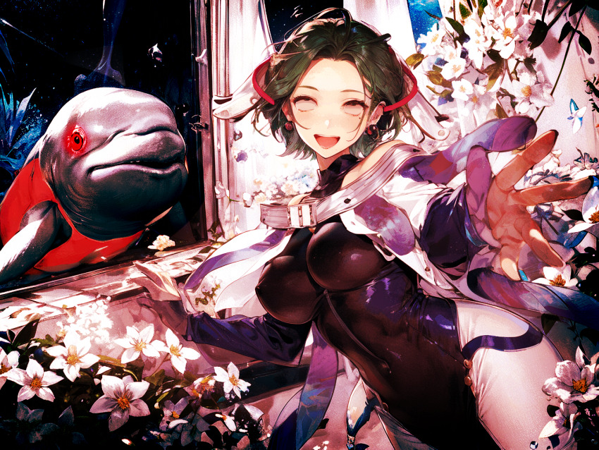 2girls, bare_shoulders, beluga_whale, corruption, dark_persona, dress, earrings, flower, gloves, gnosia, green_eyes, green_hair, indika3000jp, jewelry, lipstick, looking_at_viewer, makeup, multiple_girls, otome_(gnosia), short_hair, sleeveless, sleeveless_dress, smile, stella_(gnosia), white_flower