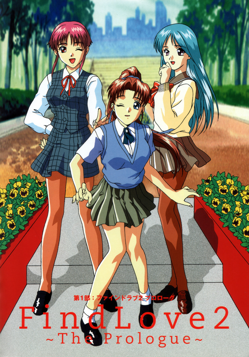 1990s_(style), 3girls, absurdres, black_footwear, blue_eyes, blue_hair, brown_footwear, brown_hair