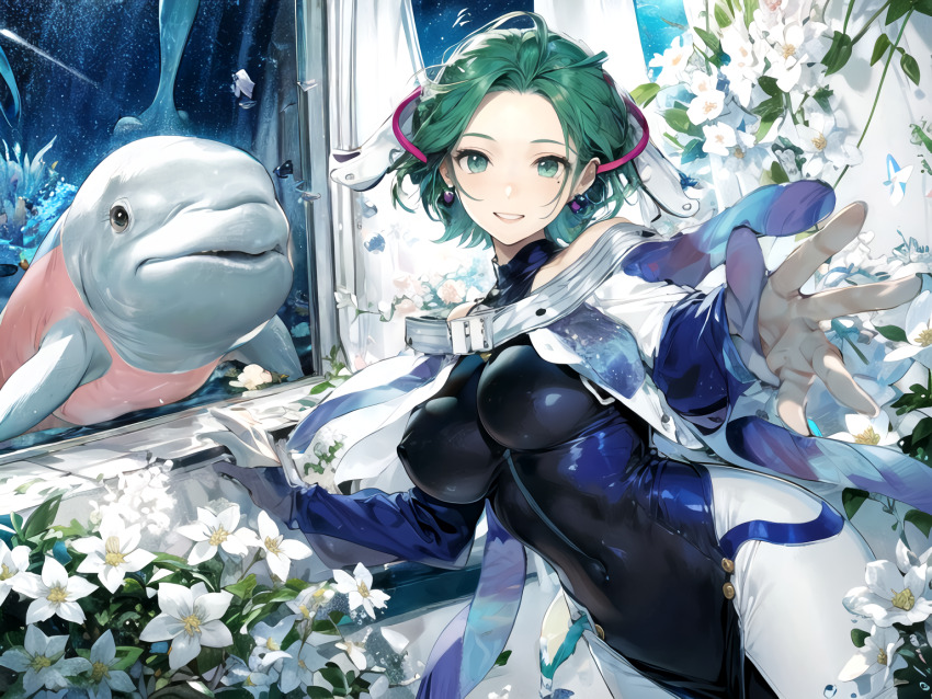 2girls, bare_shoulders, beluga_whale, dress, earrings, flower, gloves, gnosia