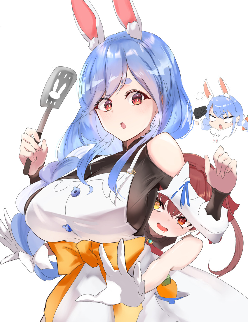 3girls, :o, absurdres, angry, animal_ear_fluff, animal_ears, animal_scarf, apron