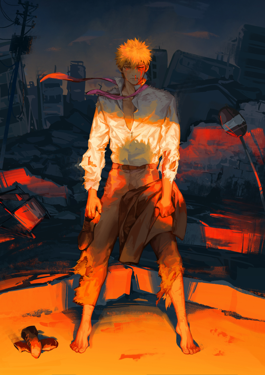 1boy, absurdres, barefoot, belt, blazer, blood, blood_drip, blood_on_face