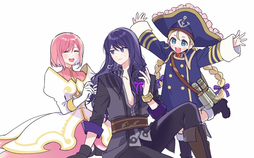 1boy, 2girls, ^_^, anchor_print, binoculars, black_footwear, black_gloves, black_pants, black_sleeves, blonde_hair, blue_dress, blue_eyes, blue_hat, blue_sleeves, boots, bow, bracelet, braid, braiding_hair, brown_footwear, buttons, closed_eyes, closed_mouth, collarbone, collared_dress, double-breasted, dress, estellise_sidos_heurassein, eyelashes, feet_out_of_frame, frilled_hat, frills, gloves, gold_bracelet, grey_tunic, hair_bow, hairdressing, happy, hat, highres, holding, holding_own_hair, jewelry, juliet_sleeves, kei_(momojellyfish), knee_boots, knee_up, layered_dress, leg_up, light_blush, long_sleeves, looking_at_another, low_twintails, multiple_girls, open_mouth, outstretched_arms, pants, patty_fleur, pectoral_cleavage, pectorals, pink_dress, pink_hair, pirate_hat, puffy_sleeves, purple_bow, purple_eyes, purple_hair, short_dress, short_hair, simple_background, single_braid, single_glove, sitting, smile, tales_of_(series), tales_of_vesperia, teeth, tunic, turtleneck, turtleneck_dress, twintails, upper_teeth_only, white_background, white_dress, white_gloves, white_sleeves, yuri_lowell