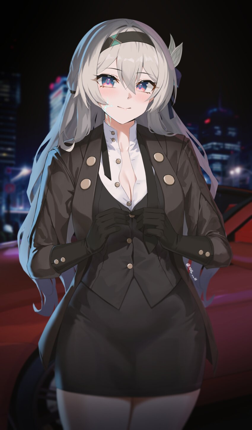 1girl, absurdres, black_gloves, black_hairband, black_jacket, black_shirt, black_skirt, blush