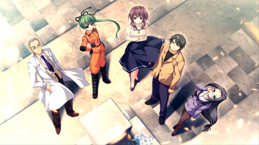 2boys, 3girls, black_footwear, black_hair, brown_hair, game_cg, green_hair, hair_ribbon, highres, jumpsuit, jun_moribe_(root_double), lab_coat, long_hair, looking_up, multicolored_hair, multiple_boys, multiple_girls, necktie, non-web_source, office_lady, official_art, pantyhose, purple_footwear, ribbon, root_double_-before_crime_after_days-, short_hair, skirt, streaked_hair, tachibana_kazami, tsubakiyama_ena, ukita_keiji, watase_kasasagi, white_hair
