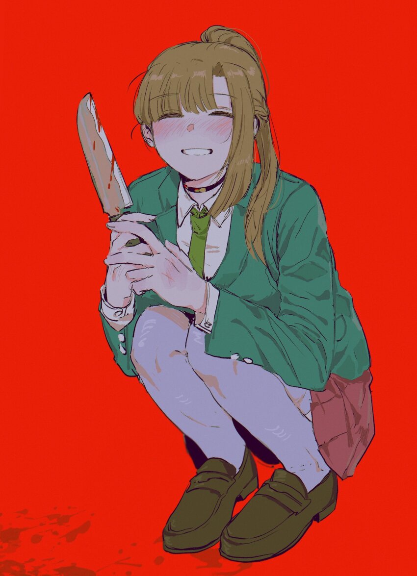 1girl, blood, blush, brown_shoes, chidouin_sara, closed_eyes, collared_shirt, dabin_kgs