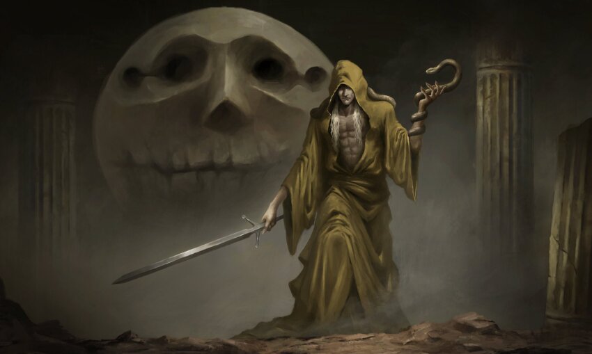 1boy, abs, broken_pillar, closed_mouth, commentary, commission, english_commentary, fear_&amp;_hunger, fear_&amp;_hunger_(series), fear_&amp;_hunger_1, fear_&amp;_hunger_2:_termina, full_body, highres, holding, holding_sword, holding_weapon, kaiser_(fear_&amp;_hunger_2:_termina), le'garde_(fear_&amp;_hunger), long_hair, male_focus, rher_(fear_&amp;_hunger), rioyudha22, robe, snake, spoilers, standing, sword, weapon, white_hair, yellow_robe