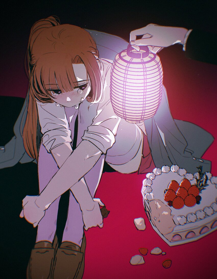 1boy, 1girl, black_eyes, blue_jacket, brown_footwear, cake, chidouin_sara, crying