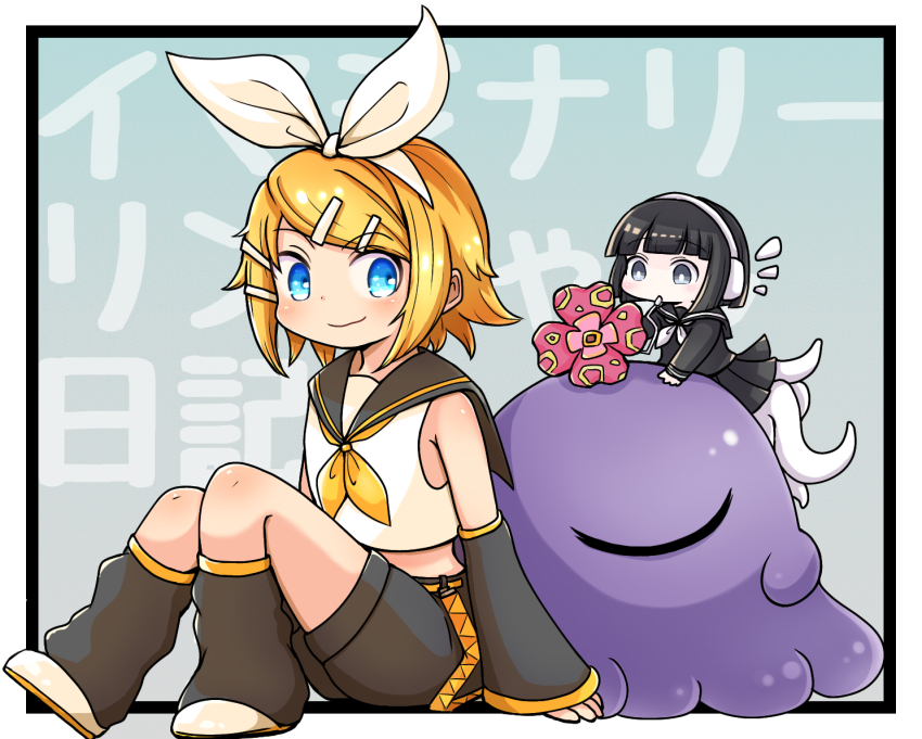 2girls, belt, black_hair, black_sailor_collar, black_serafuku, black_shirt, black_shorts, black_skirt, blonde_hair, blue_background, blue_eyes, blush, border, borrowed_character, bow, bow_hairband, closed_mouth, commentary, creature, cropped_shirt, detached_sleeves, flower, grey_eyes, hairband, headphones, kagamine_rin, knees_up, leg_warmers, looking_at_another, looking_back, midriff, monster_girl, mouth_hold, multiple_girls, neckerchief, nene_nene, on_head, one-eyed, original, outside_border, plant_girl, pleated_skirt, red_flower, sailor_collar, school_uniform, serafuku, shirt, shoes, short_hair, shorts, skirt, sleeping, sleeveless, sleeveless_shirt, smile, swept_bangs, tentacle_legs, text_background, utau, vocaloid, white_border, white_bow, white_neckerchief, white_shirt, yellow_belt, yellow_neckerchief, yorutamagame