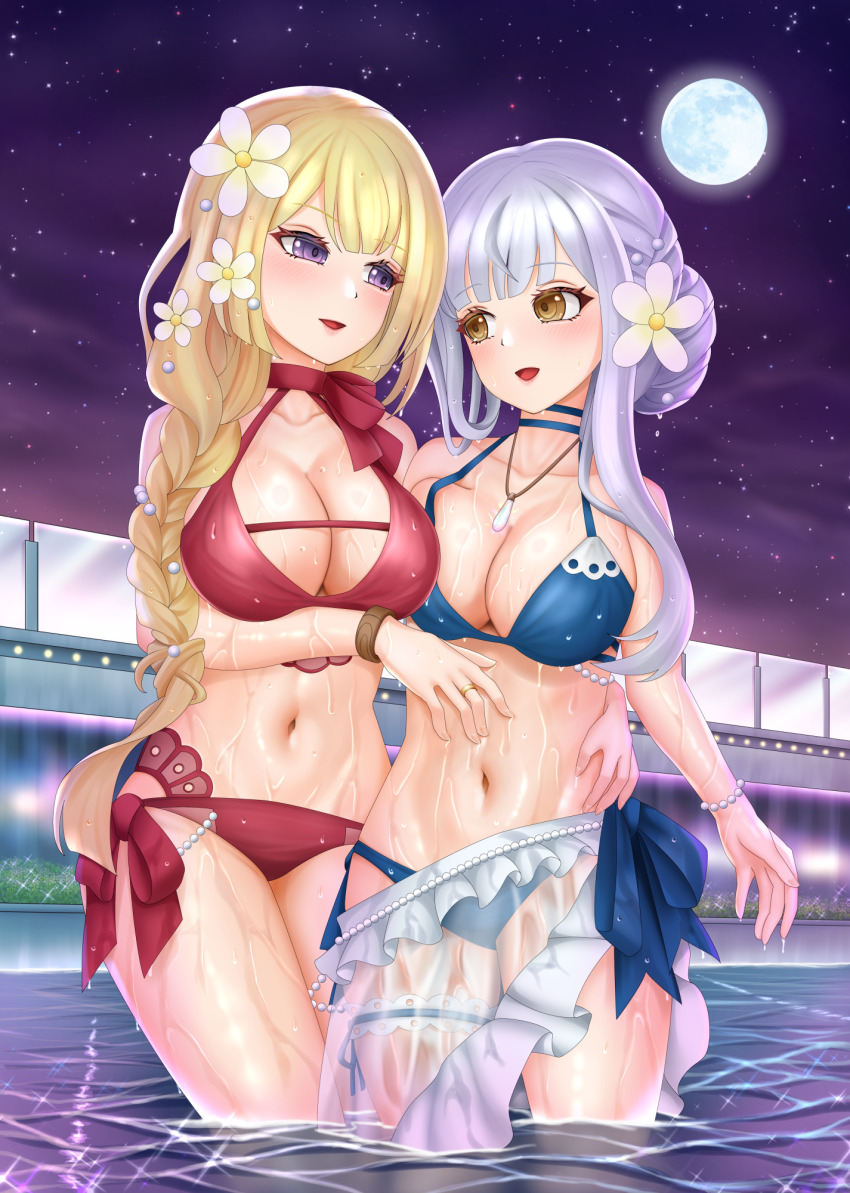 2girls, arm_around_another's_waist, arm_at_side, assault_lily, bangle, bare_arms, bare_shoulders, bikini