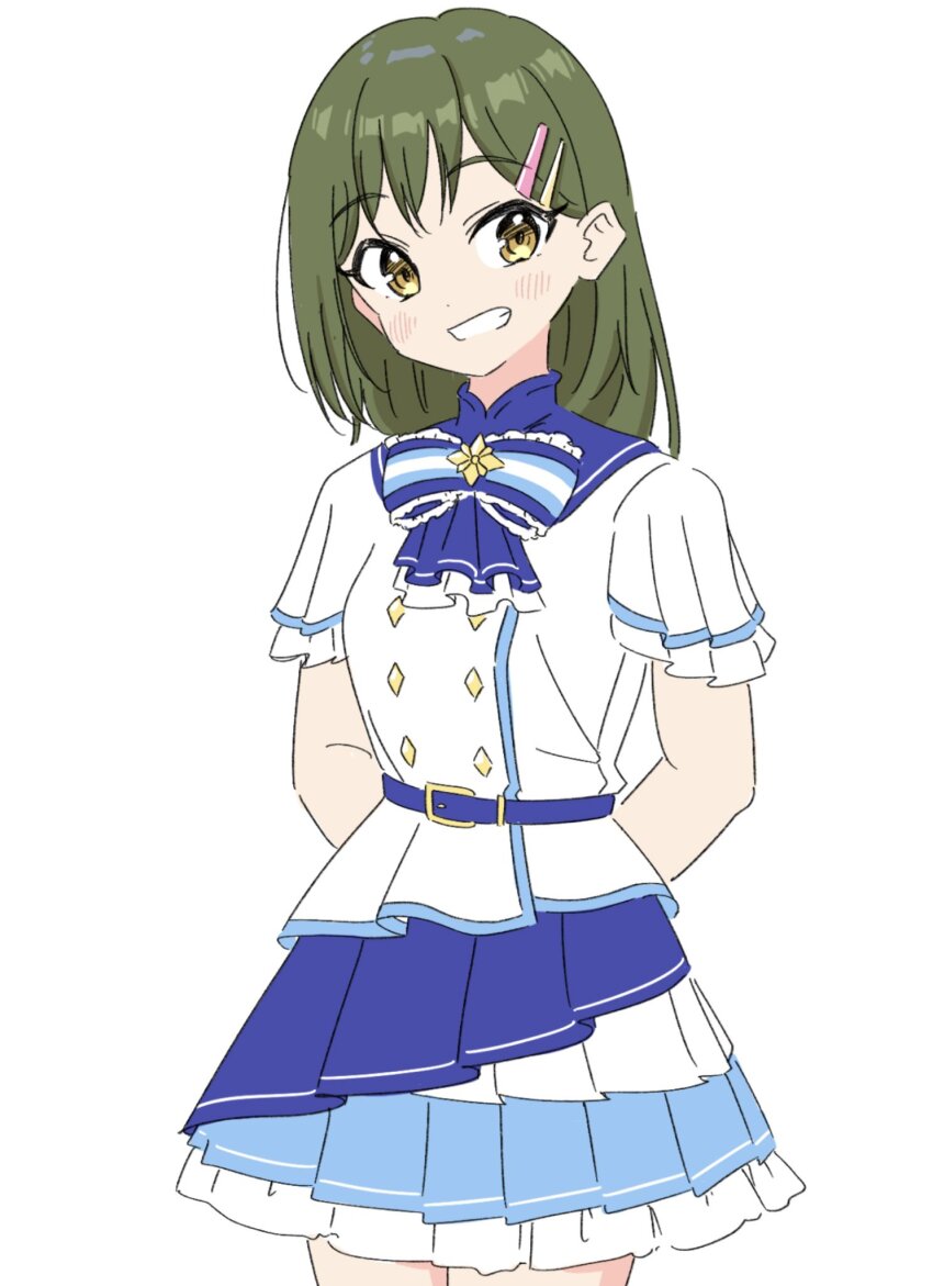 1girl, 365_days_(love_live!), alternate_costume, arms_behind_back, ascot, belt, blue_ascot, blue_belt