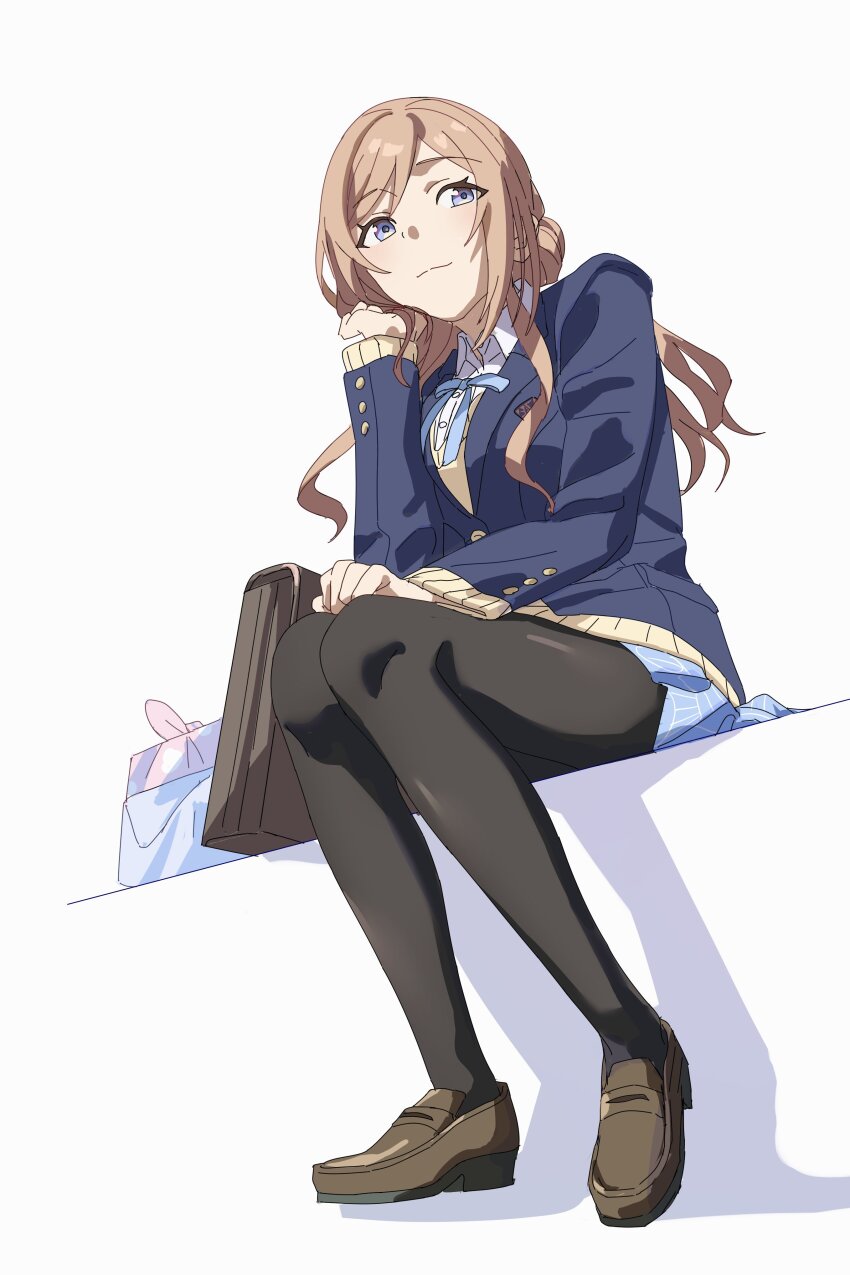 1girl, absurdres, bag, blazer, blue_jacket, blue_ribbon, blue_skirt, blush