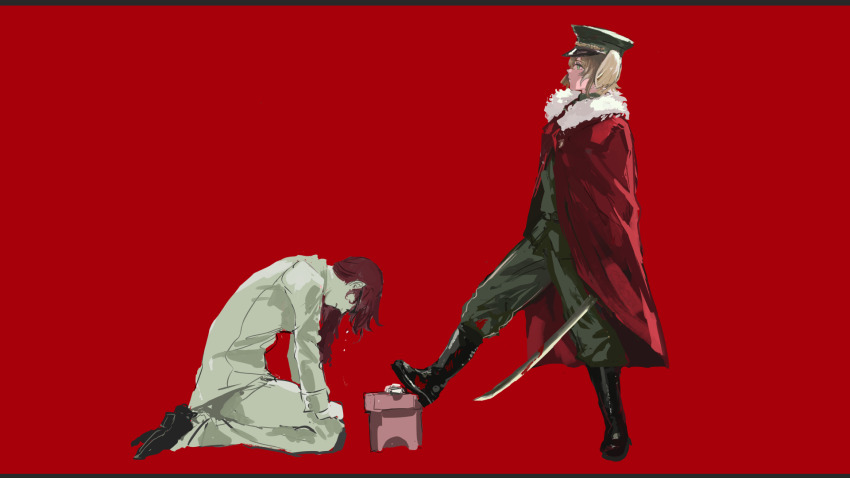 2girls, black_footwear, blonde_hair, blood, blood_on_clothes, bloody_weapon, boots, cape, commentary_request, crying, daiba_nana, expressionless, foot_pushing, from_side, frown, full_body, fur-trimmed_cape, fur_trim, green_eyes, green_hat, green_jacket, green_pants, hands_on_own_knees, hat, head_down, highres, hoshimi_junna, jacket, katana, knee_boots, long_hair, looking_at_another, military_uniform, multiple_girls, osakana_(denpa_yun'yun), pants, pants_tucked_in, peaked_cap, ponytail, profile, red_background, red_cape, red_hair, sanbou, seiza, seppuku, shoes, short_hair, short_twintails, shoujo_kageki_revue_starlight, simple_background, sitting, sword, twintails, weapon, white_jacket, white_pants