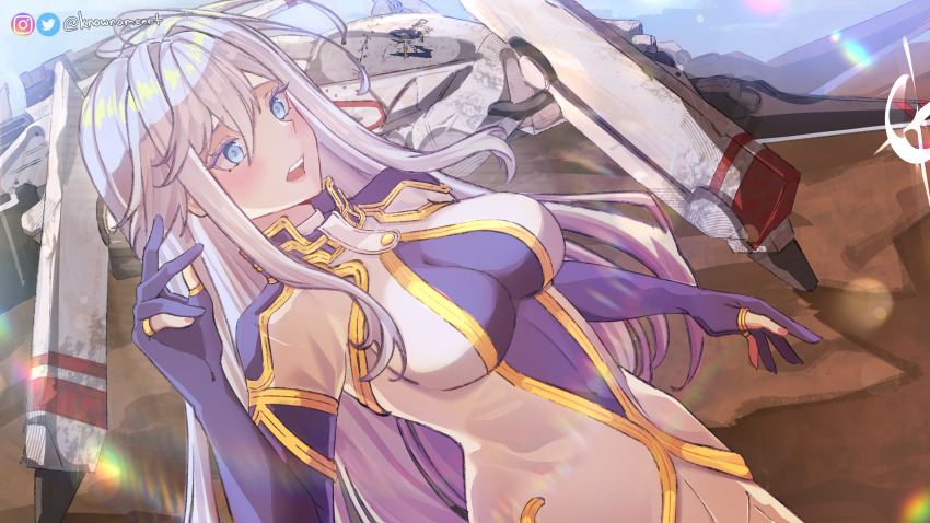 1girl, 86_-eightysix-, absurdres, ahoge, artist_name, blue_eyes, bodysuit, breasts, cicada_(86_-eighty-six-), covered_navel, day, gloves, gold_trim, hair_between_eyes, hand_up, highres, knowname, large_breasts, long_hair, m1a4_juggernaut, multicolored_bodysuit, official_alternate_costume, open_mouth, outdoors, partially_fingerless_gloves, skin_tight, sky, solo, sunlight, very_long_hair, vladilena_millize, white_hair