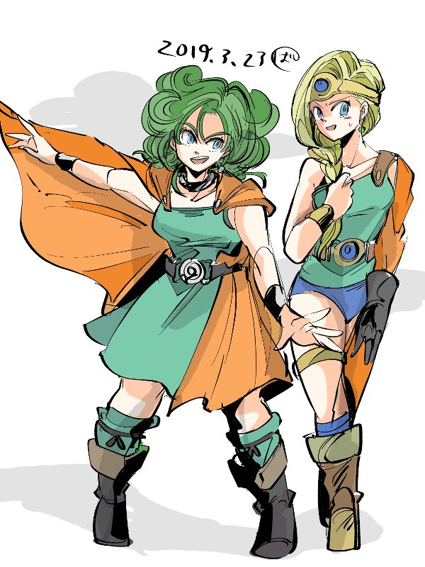 2girls, ancestor_and_descendant, asymmetrical_legwear, belt, bianca_(dq5), bianca_(dq5)_(cosplay), blonde_hair, blue_eyes, blue_panties, blue_socks, boots, bracelet, braid, breasts, brown_footwear, bykillt, cape, circlet, cloud, cloudy_sky, collarbone, commentary_request, cosplay, costume_switch, curly_hair, dated, detached_sleeves, dragon_quest, dragon_quest_iv, dragon_quest_v, dress, earrings, full_body, gloves, green_dress, green_hair, green_shirt, green_socks, hair_over_shoulder, heroine_(dq4), heroine_(dq4)_(cosplay), jewelry, knee_boots, light_blush, long_hair, looking_at_another, looking_at_viewer, medium_breasts, medium_hair, multiple_girls, neck_ring, open_mouth, orange_cape, orange_sleeves, outstretched_arms, panties, shirt, single_bare_shoulder, single_braid, single_detached_legging, single_detached_sleeve, single_glove, sky, socks, standing, sweatdrop, thigh_strap, underwear