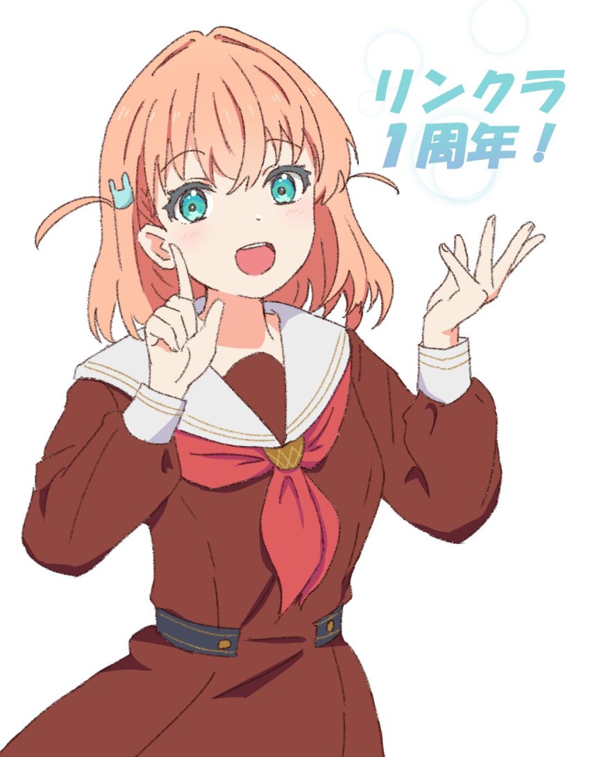 1girl, :d, anniversary, aqua_eyes, brown_dress, commentary_request, crossed_bangs, dress, finger_counting, hair_ornament, hasu_no_sora_school_uniform, highres, hinoshita_kaho, index_finger_raised, link!_like!_love_live!, long_sleeves, looking_at_viewer, love_live!, medium_hair, neckerchief, ohiro, open_hand, open_mouth, orange_hair, rabbit_hair_ornament, red_neckerchief, sailor_collar, sailor_dress, school_uniform, simple_background, smile, solo, teeth, translation_request, two_side_up, upper_body, upper_teeth_only, virtual_youtuber, white_background, white_sailor_collar, winter_uniform