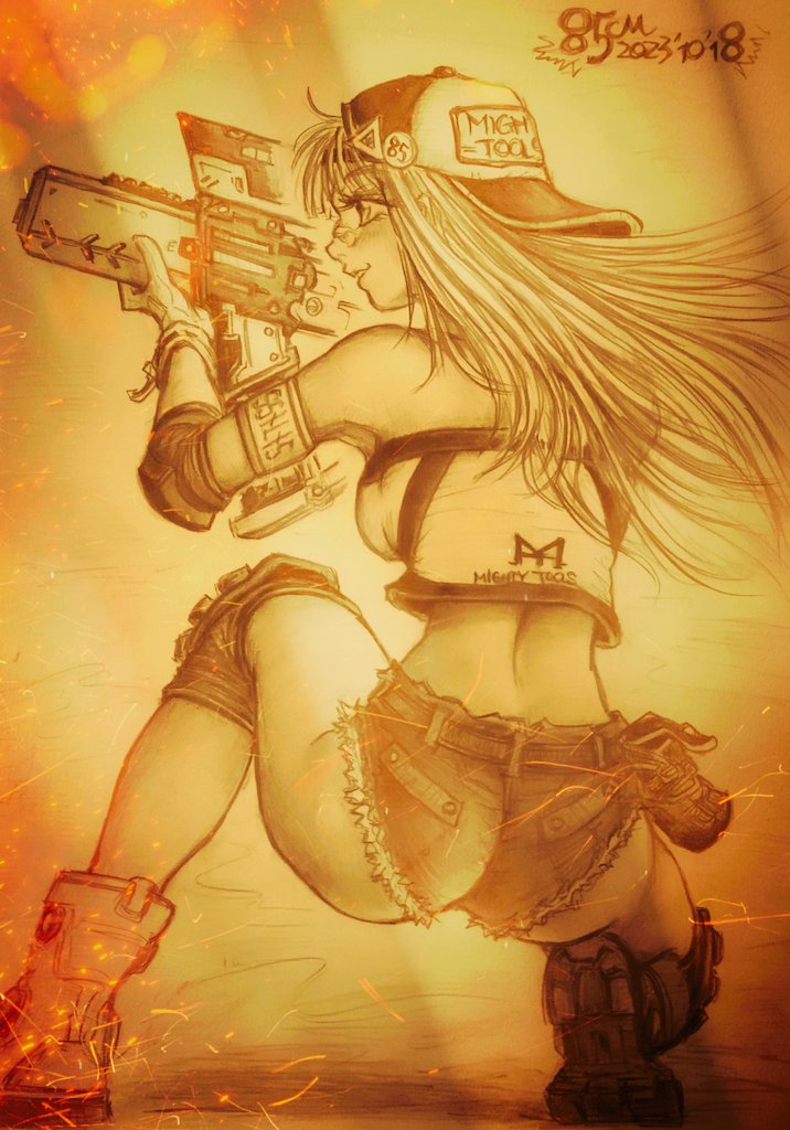 85cm85cm, aiming, artist_name, ass, backwards_hat, bandaid, bandaid_on_face, bandaid_on_nose