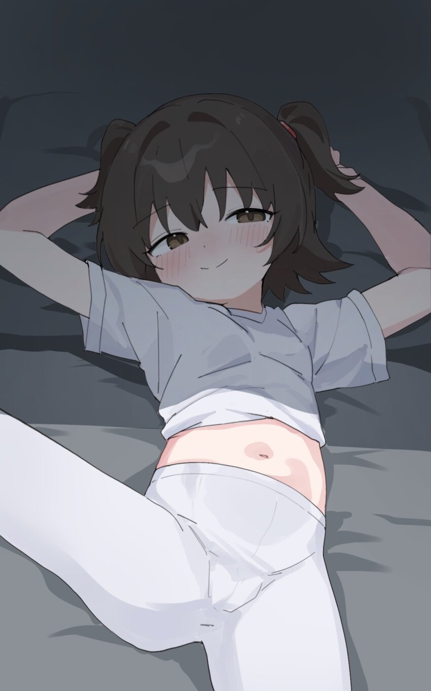 1girl, akagi_miria, arms_behind_head, arsyky14, ass, brown_eyes, brown_hair, cameltoe, highres, idolmaster, idolmaster_cinderella_girls, loli, lying, navel, on_back, on_bed, pantyhose, short_hair, smile, spread_legs, twintails, white_pantyhose