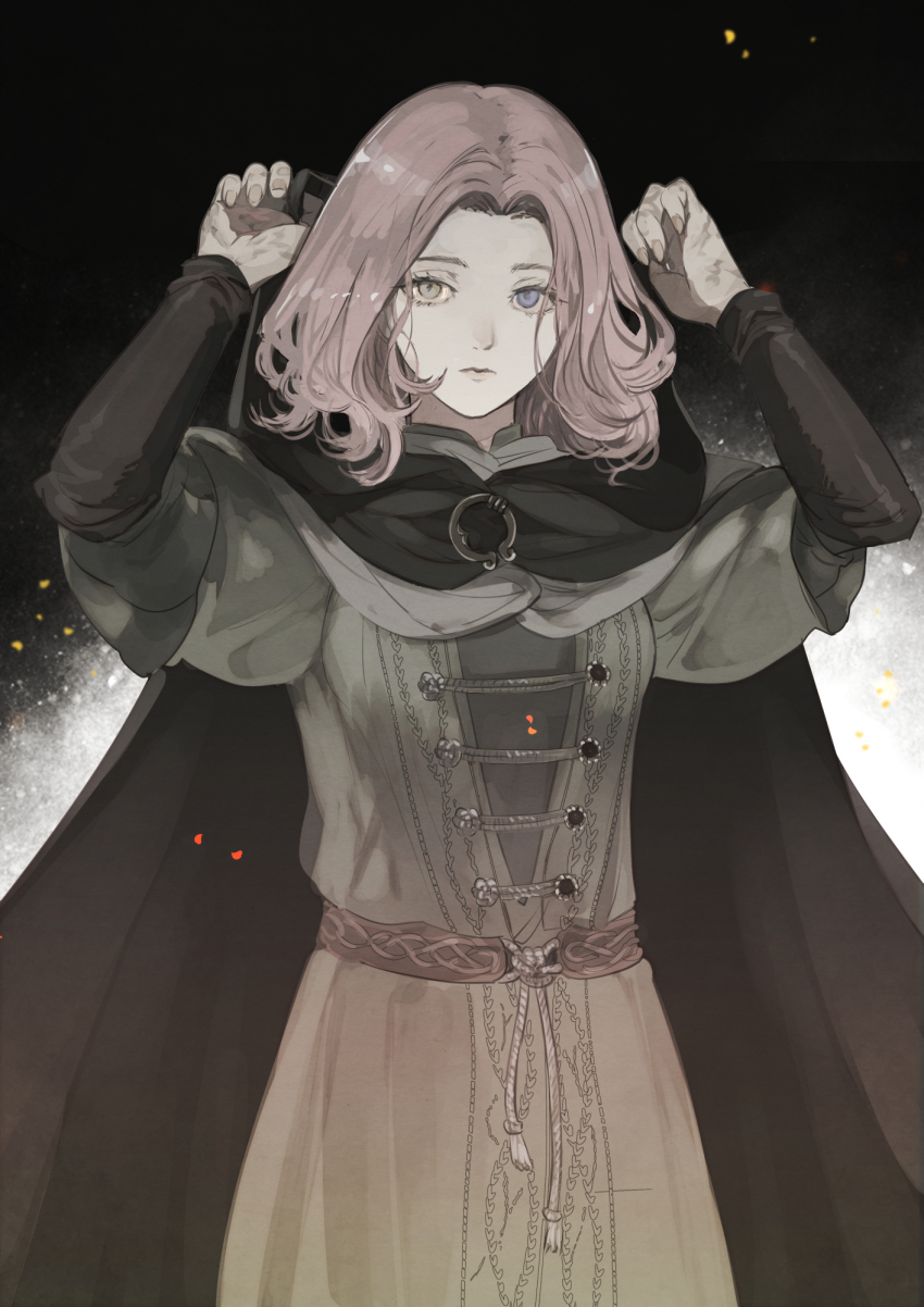 1girl, arms_up, black_background, black_cloak, blue_eyes, brown_hair, cloak, closed_mouth