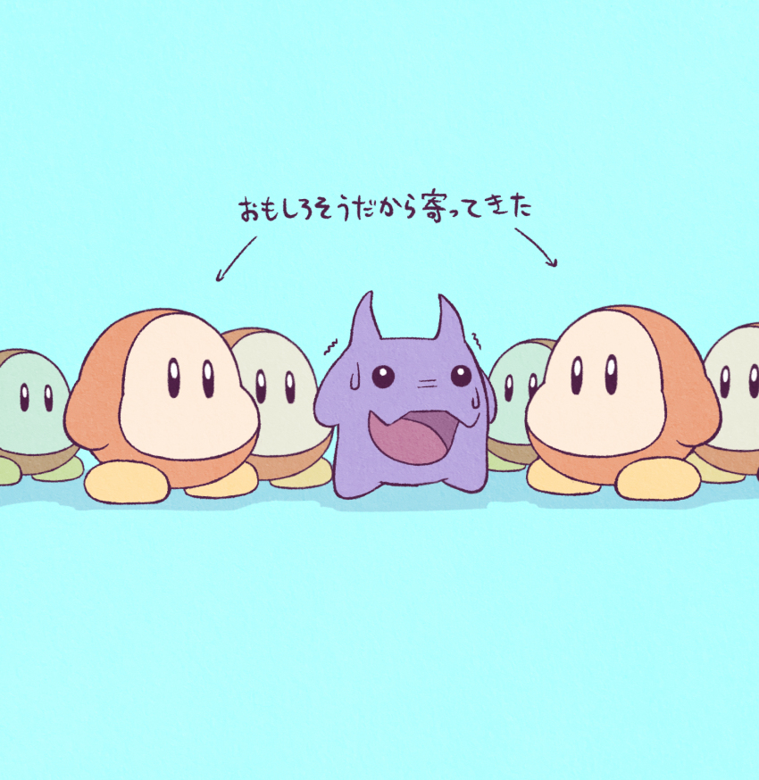 5health, arrow_(symbol), black_eyes, blue_background, colored_skin, fangs, highres, kirby_(series)