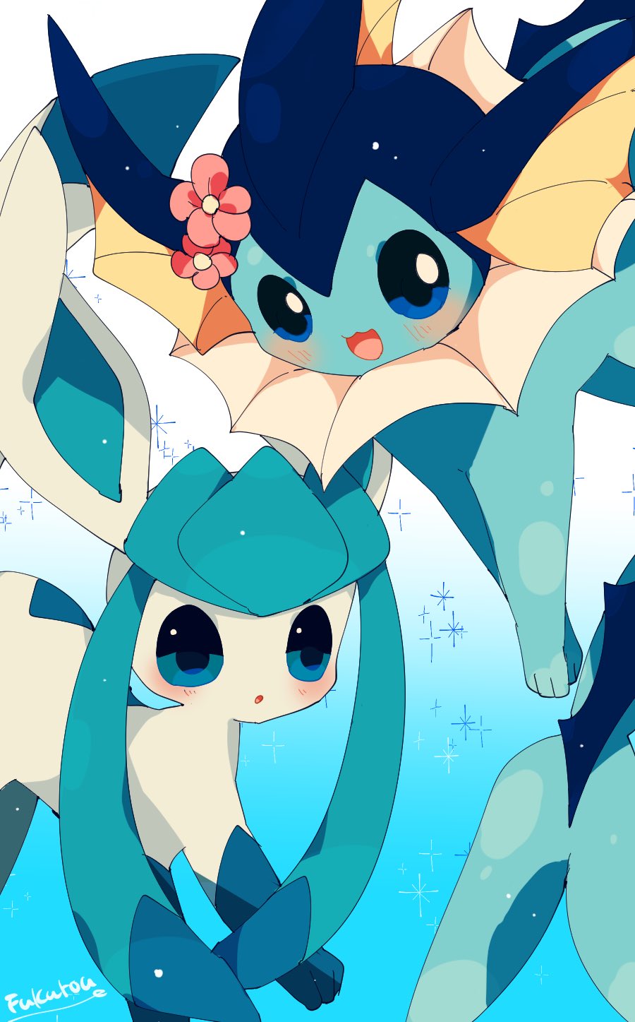 baron-0628, blue_background, blue_eyes, blue_hair, blush, fins, flower, gen_1_pokemon