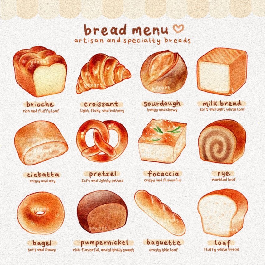 bagel, baguette, bread, bread_slice, brioche, croissant, english_text, focaccia, food, food_focus, loaf_of_bread, no_humans, original, pretzel, sourdough_bread, white_background, ydxart