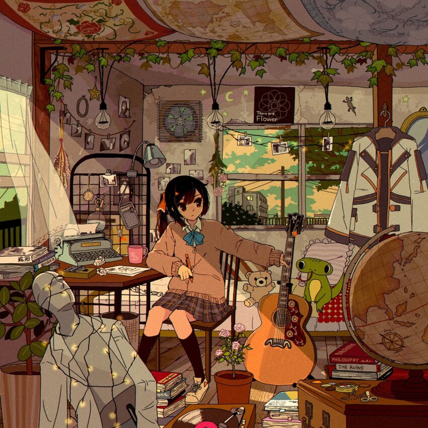 1girl, bedroom, black_hair, cardigan, chair, flower, globe, guitar