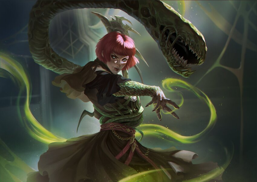 1girl, absurdres, baronessgremlin, belt, black_nails, black_robe, chain, colored_skin, cowboy_shot, extra_mouth, final_fantasy, final_fantasy_xiv, glowing, glowing_eyes, gold_chain, green_eyes, green_skin, half_mask, hegemone_(ff14), highres, indoors, light_particles, light_rays, looking_at_viewer, mask, multicolored_skin, parasite, plant, red_belt, red_hair, red_lips, robe, sharp_teeth, slit_pupils, smirk, solo, sunbeam, sunlight, teeth, veins, vines, webbing