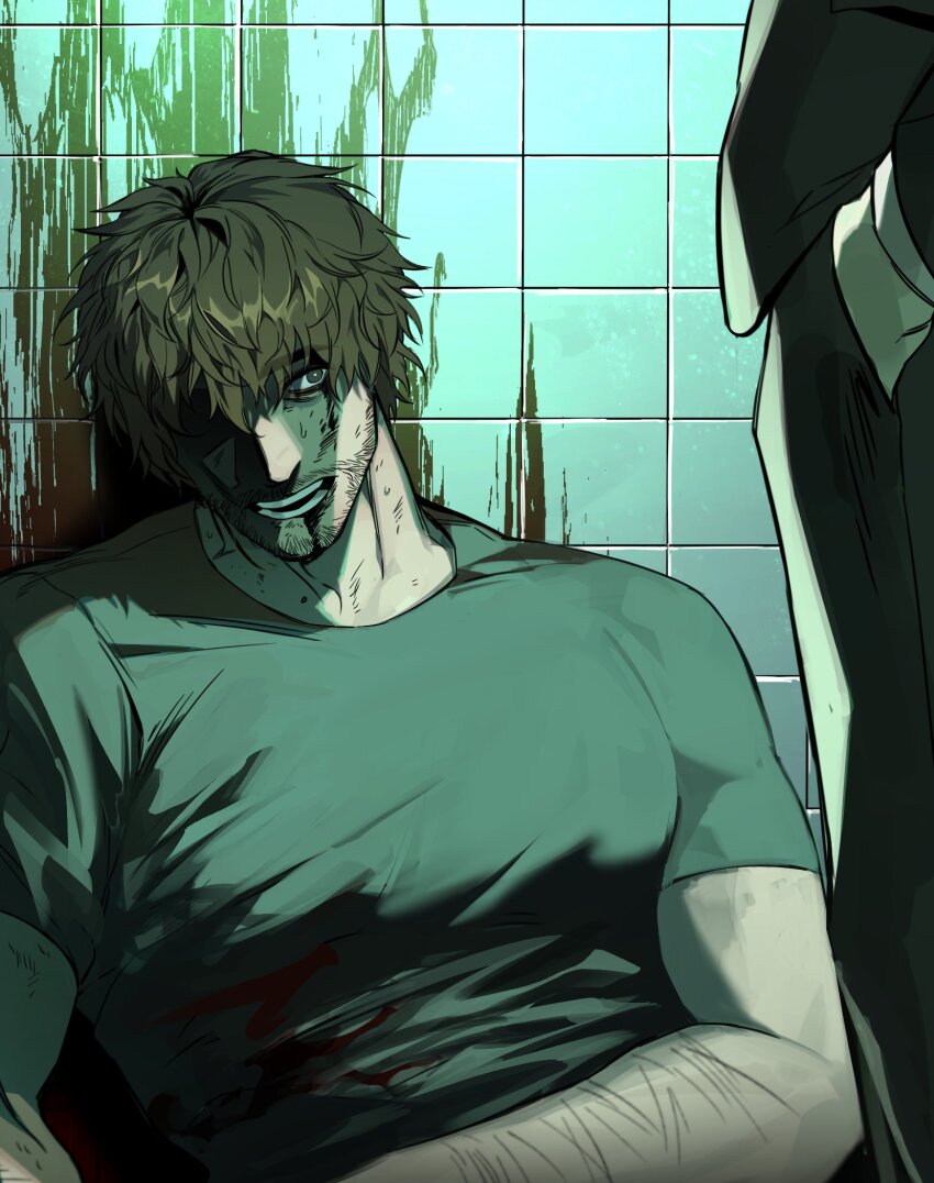 2boys, against_wall, bara, beard_stubble, blood, blood_stain, bong9qhdrn, brown_eyes, brown_hair, check_copyright, copyright_request, facial_hair, hand_in_pocket, highres, large_pectorals, male_focus, mature_male, multiple_boys, muscular, muscular_male, original, out_of_frame, partially_shaded_face, pectorals, shirt, short_hair, solo_focus, sparse_arm_hair, stubble, t-shirt, thick_eyebrows, upper_body, yaoi