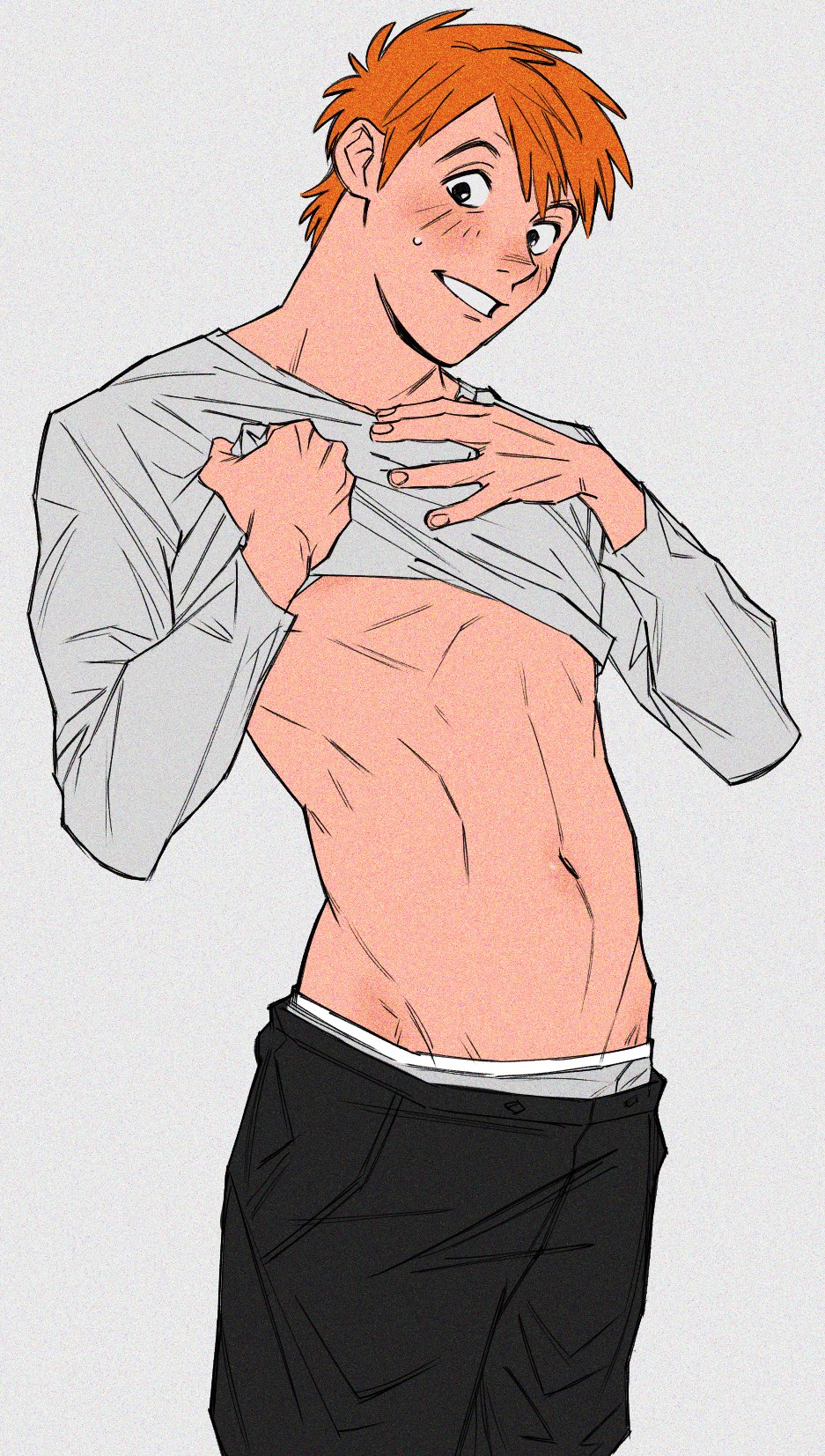 1boy, black_eyes, black_pants, blush, bright_pupils, clothes_lift, fingernails, grey_background, grey_male_underwear, grey_shirt, highres, long_hair, looking_at_viewer, male_focus, male_underwear, male_underwear_peek, navel, orange_hair, pants, parted_lips, shirt, shirt_lift, short_hair, solo, sweatdrop, the_fox_and_the_hound, tod_(the_fox_and_the_hound), underwear, uochandayo, white_pupils